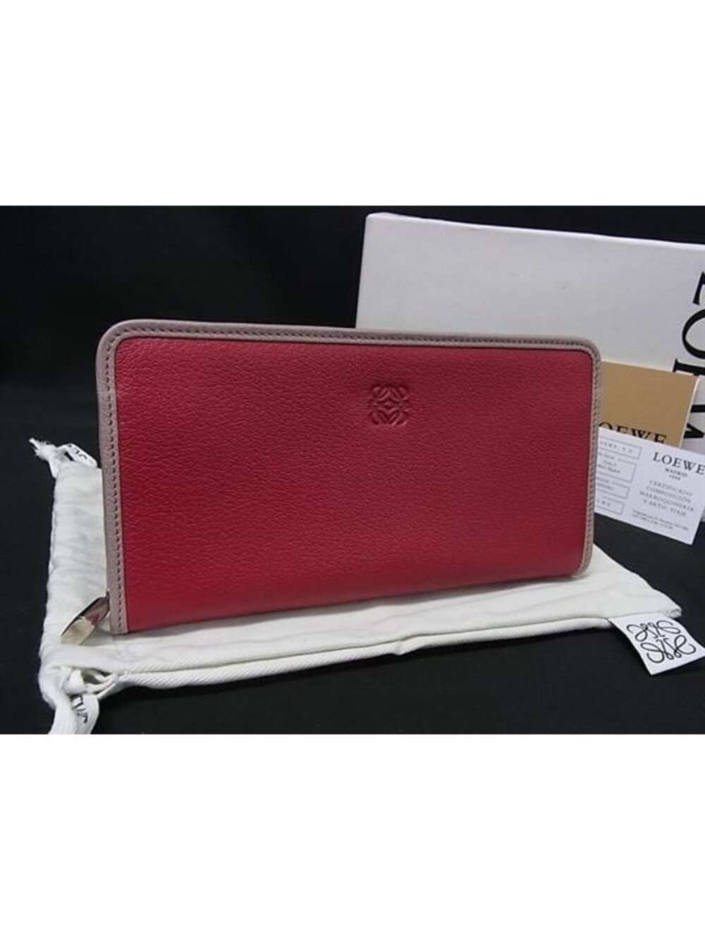 Loewe Anagram Leather Zip Around Wallet Billfold Card Case Pink Red